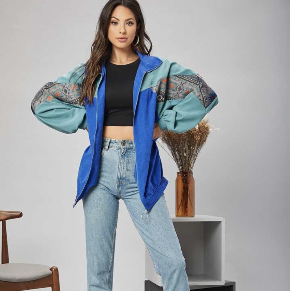 SheIn Geo Chevron Panel Zipper Placket Jacket - Picture 9 of 9